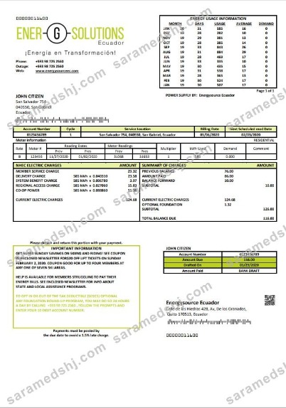 Ecuador Energysource Ecuador energy utility bill template in Word and PDF format